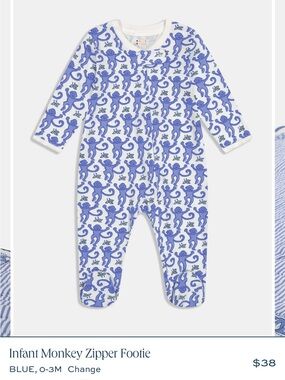 💙Roller Rabbit💙 Blue Monkey Print Footie 3-6 months